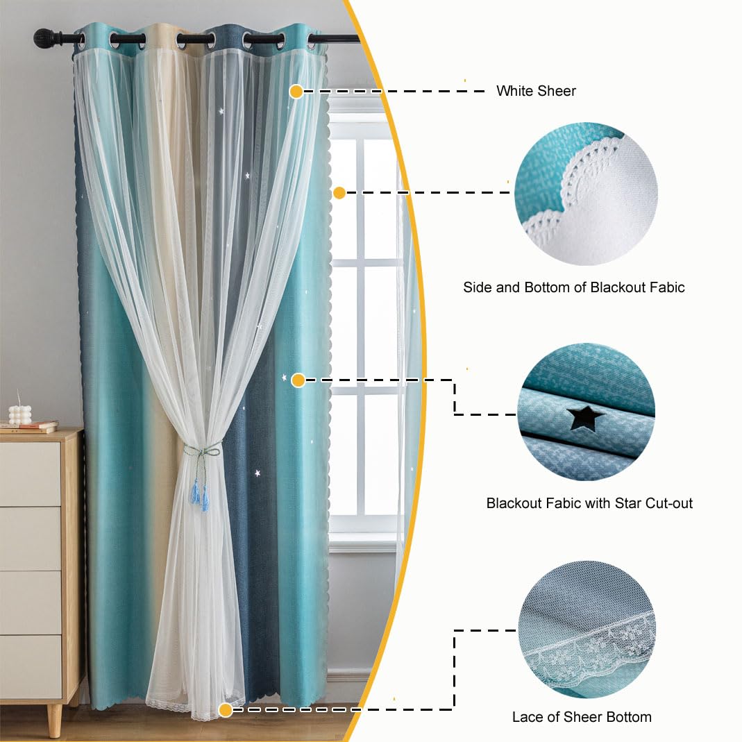 conokata Star Girl and Kids Curtains for Bedroom Rainbow Ombre Double Layer Cute Shot Nursery Darkening Grommet Princess Room Décor 2 Panels Living Room Window Curtain (Yellow-Blue, 52W x 63L)
