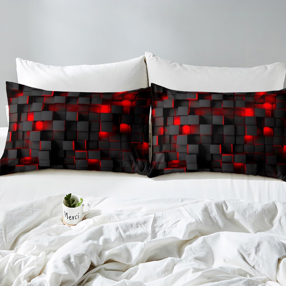 Feelyou Red and Black Bedding Set Full Size Light Geometric Comforter Set for Kids Boys Girls Decor Comforter Modern Duvet Set