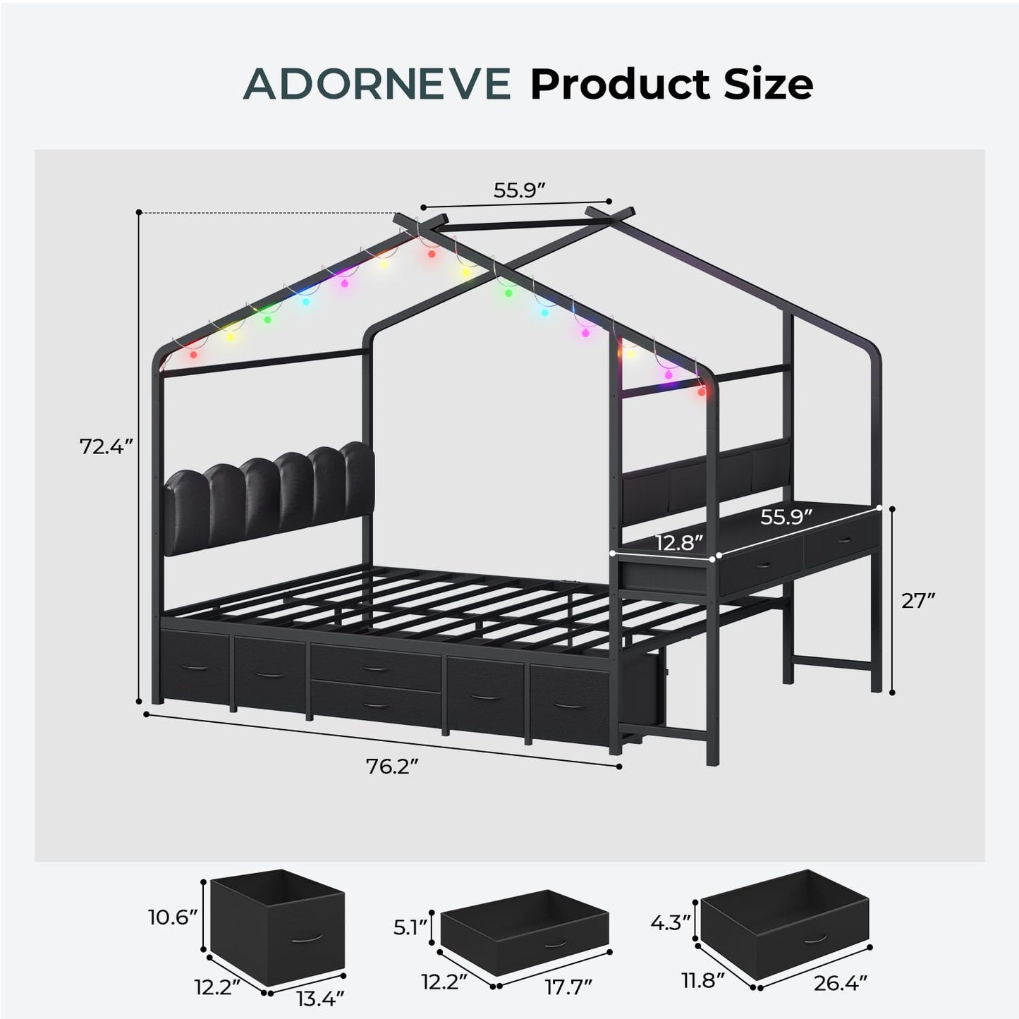 ADORNEVE House Bed with Desk,Full Kids Bed with Globe String Lights,Black
