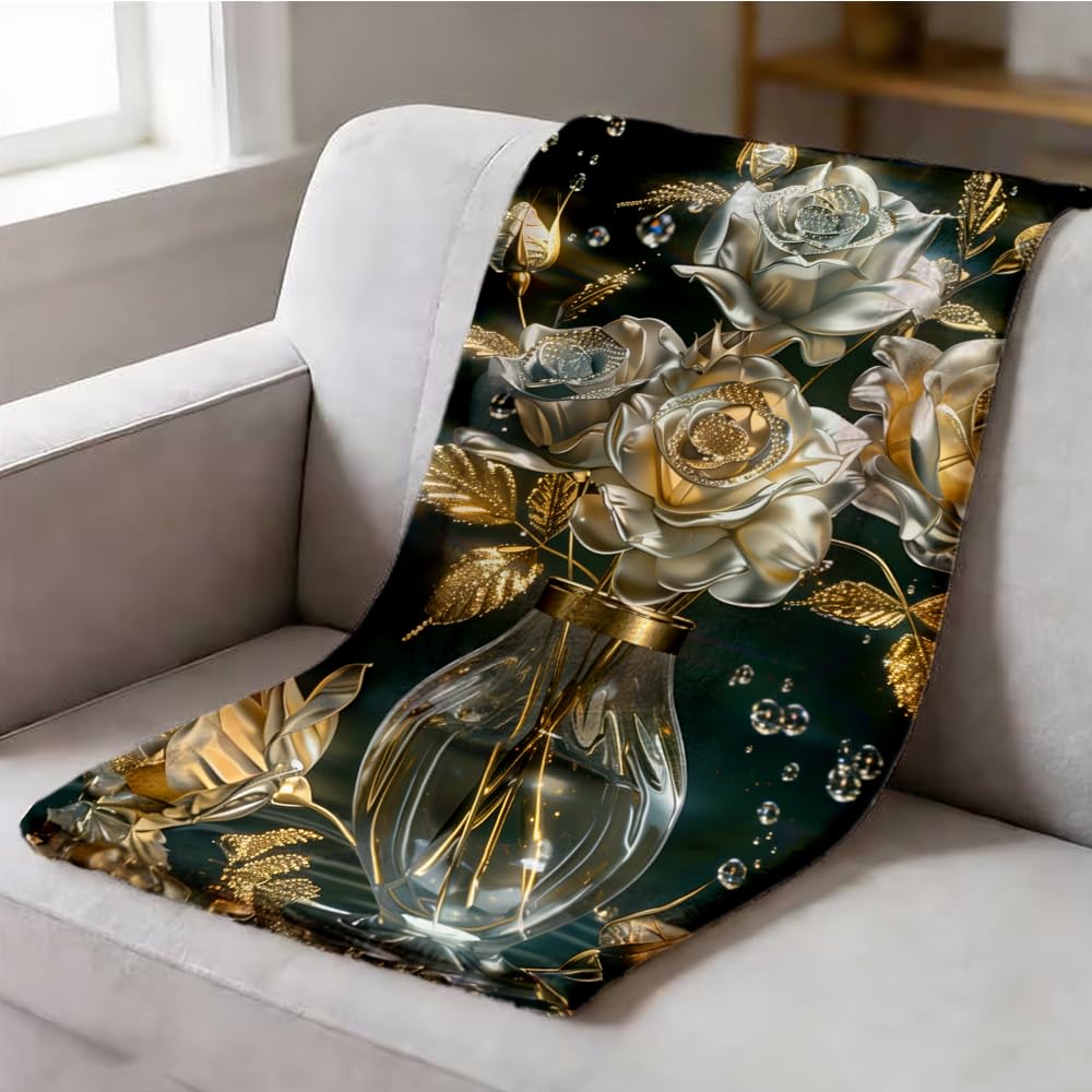 ZHOUSHUTONG Gold Silver Rose Floral Flannel Throw Blanket, Soft Cozy Warm Plush Blankets for Couch Bed Sofa, Elegant Flower Print Decorative Blanket, Gift for Women Girls 49"x59"