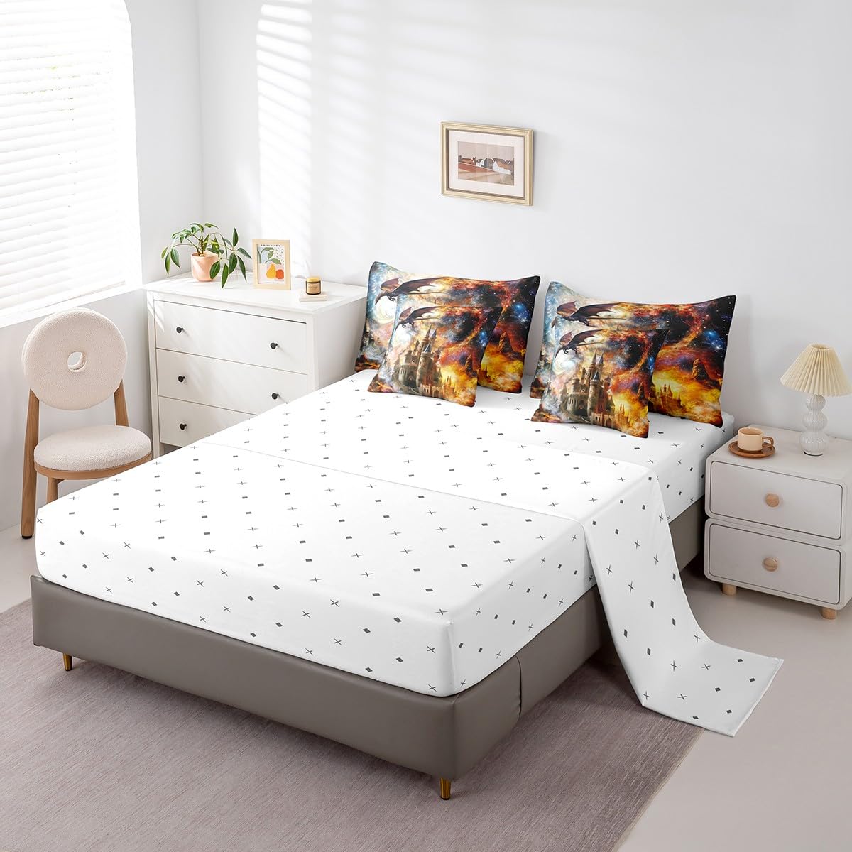 7 Pieces Retro Castle Galaxy Comforter Set Queen,Flying Dragon Bed Set for Kids Boys Girls,Magical Starry Sky Bedding(1 Comforter,1 Fitted Sheet,1 Flat Sheet,2 Pillowcases,2 Throw Pillow Cover)