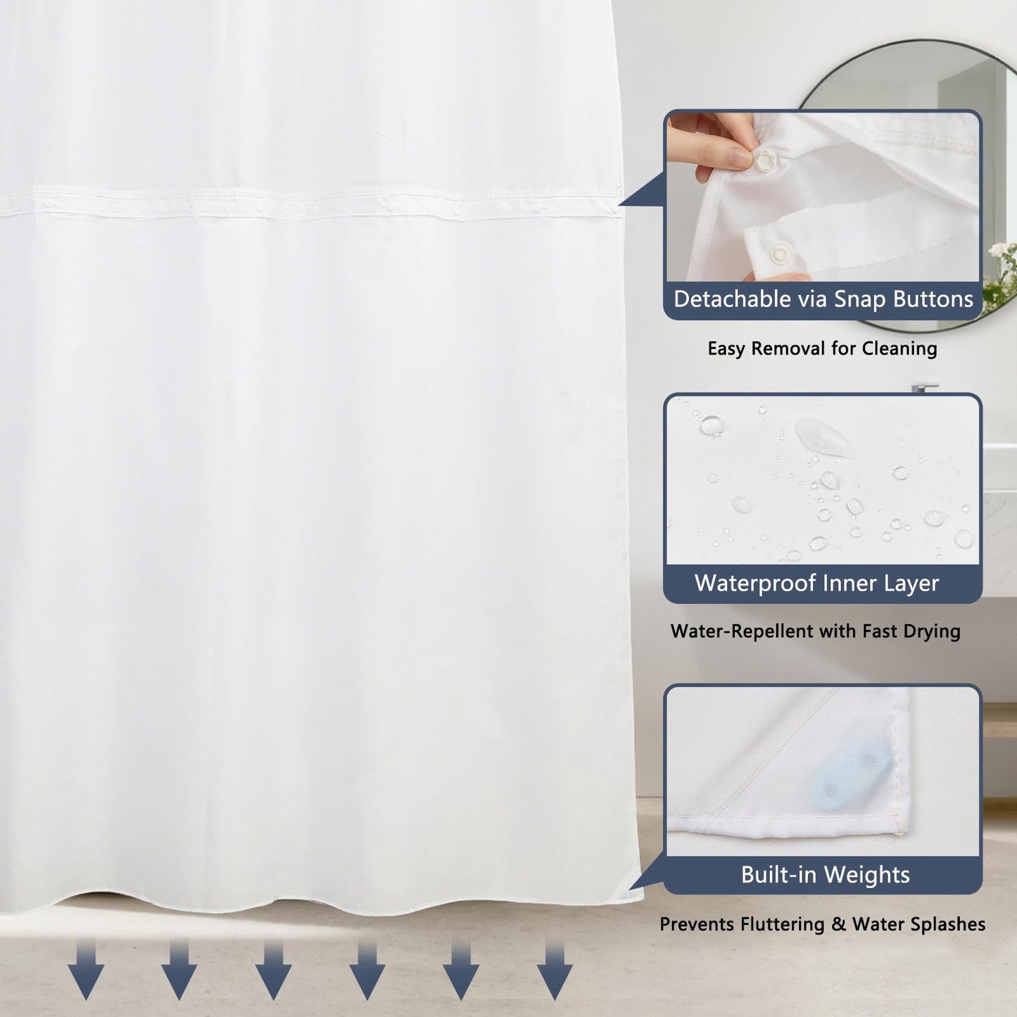 NAEMBCU No Hook Shower Curtain Set with Snap-in Liner 71x74 Inch