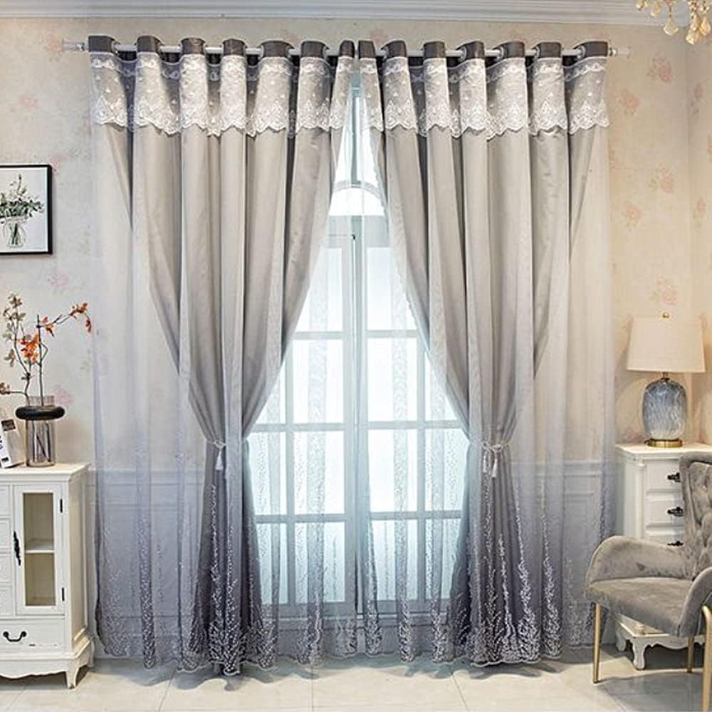 Amidoudou 1 Pair Double Layer Curtains for Living Room Gradient Coral Tree Pattern Embroidered Curtains for Bedroom (Grey,54x90 Inch)