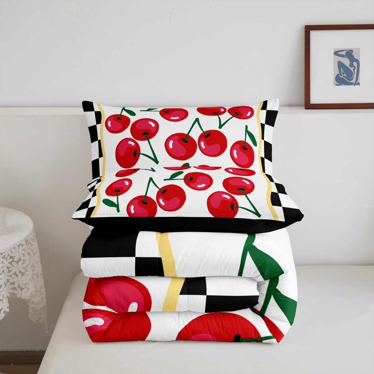 Cartoon Cherry Kids Comforter Set Twin Size,Geometric Checkerboard Plaid Patchwork Bedding Set,Girls Princess Room Decor,Tropical Fruit Summer Down Comforter,Red Black Duvet Insert,1 Pillowcase