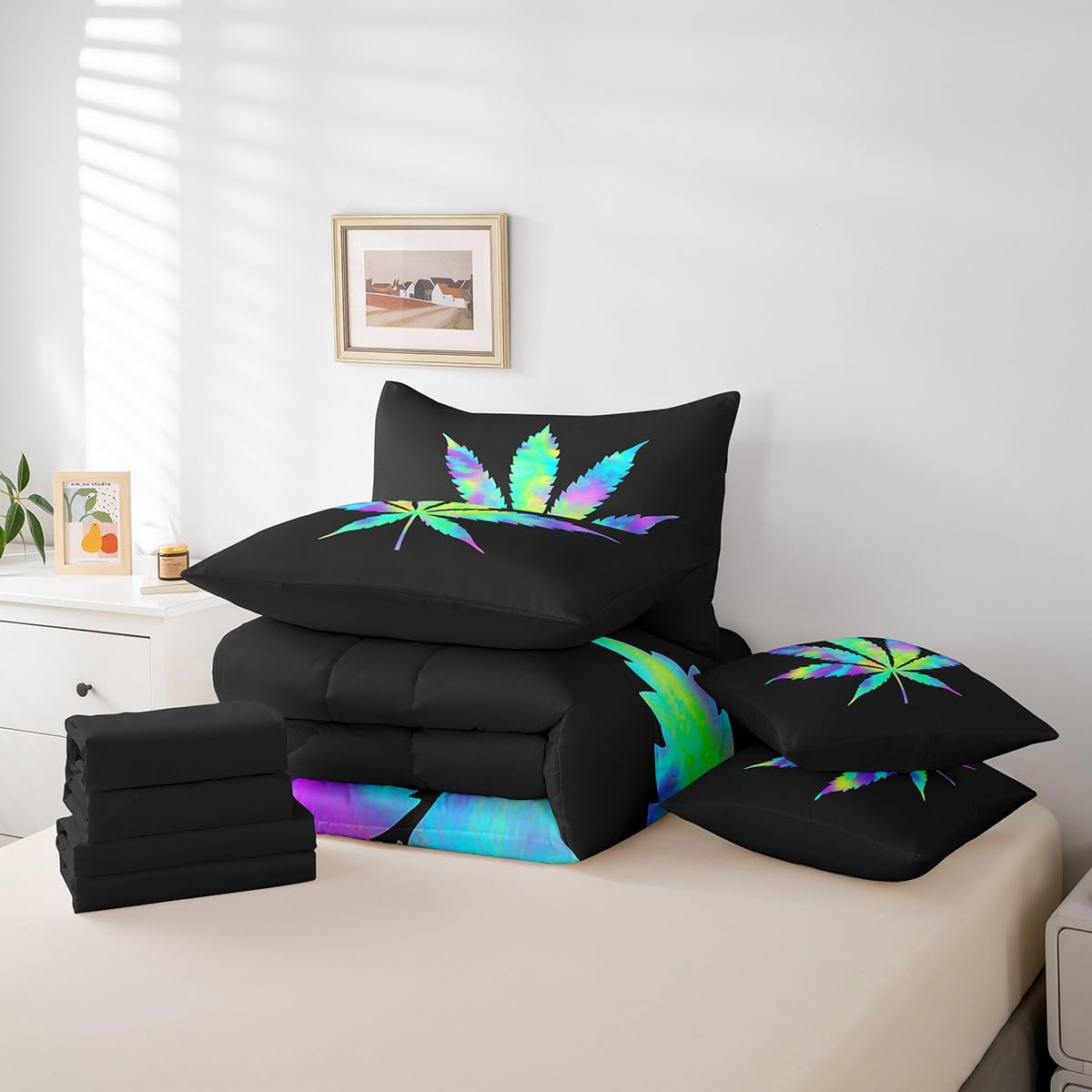 Erosebridal Leaves Full Size Bed Sheets and Comforter Set,Leaf 7 Piece Bedding Set Rainbow Botanical Bed in a Bag, Artwork Plant Bed Sets