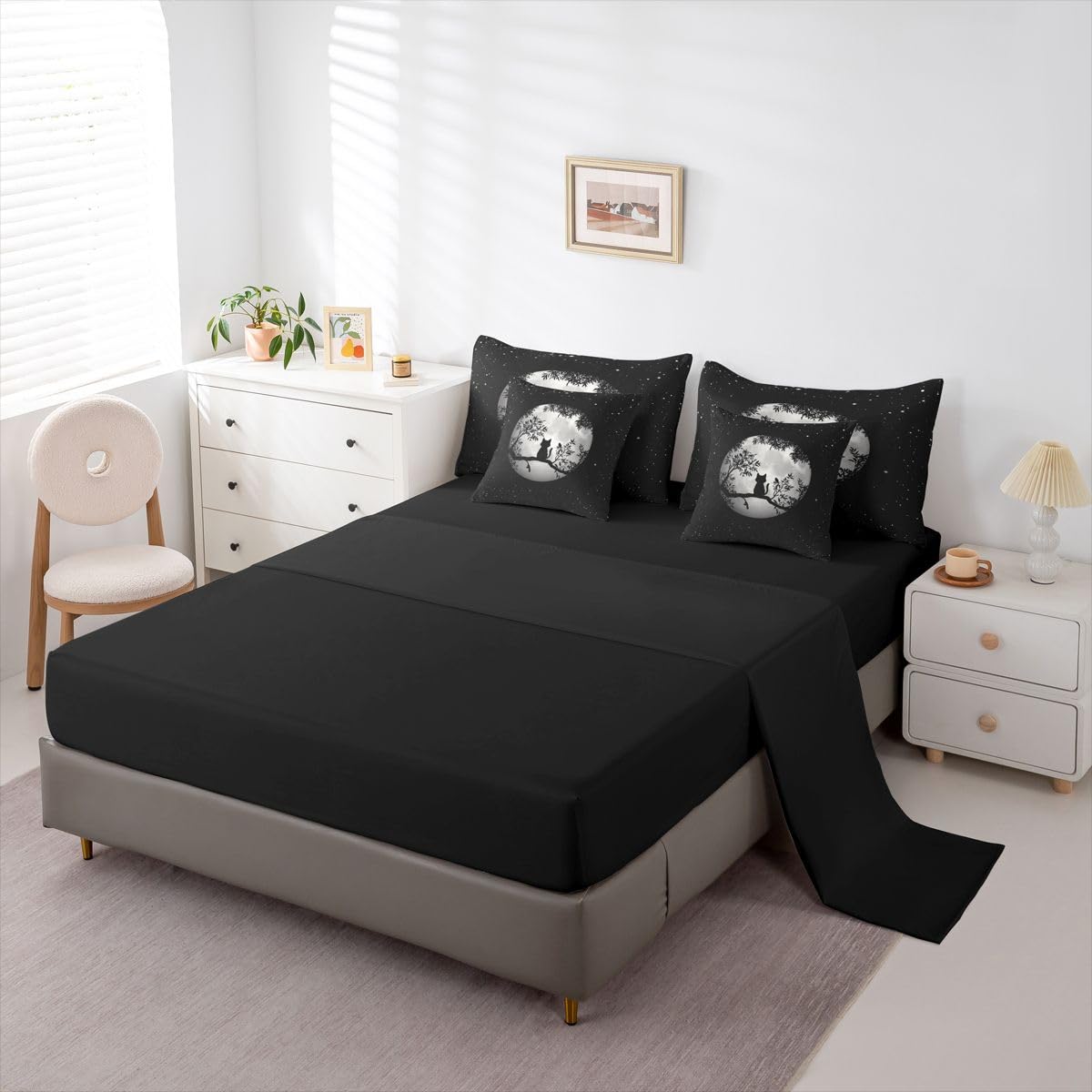 Erosebridal Moon Cat 7-Piece Bedding Set Full Size for Kids Teens Adults | Gothic Black Cat Bed in a Bag Black White Stars Starry Sky Comforter Set with Sheets Leaves Botanical Branches Duvet Insert