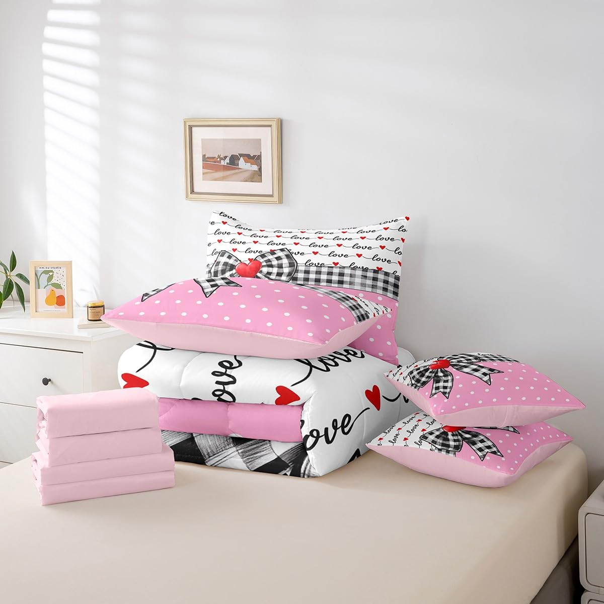 Erosebridal 7 Piece Valentine Bowknot Kids Comforter Set for Girls,Love Heart Shaped King Bedding Set for Girlfriend,Dreamy Princess Style Bed Set,Buffalo Plaid Grid Polka Dots Duvet Insert