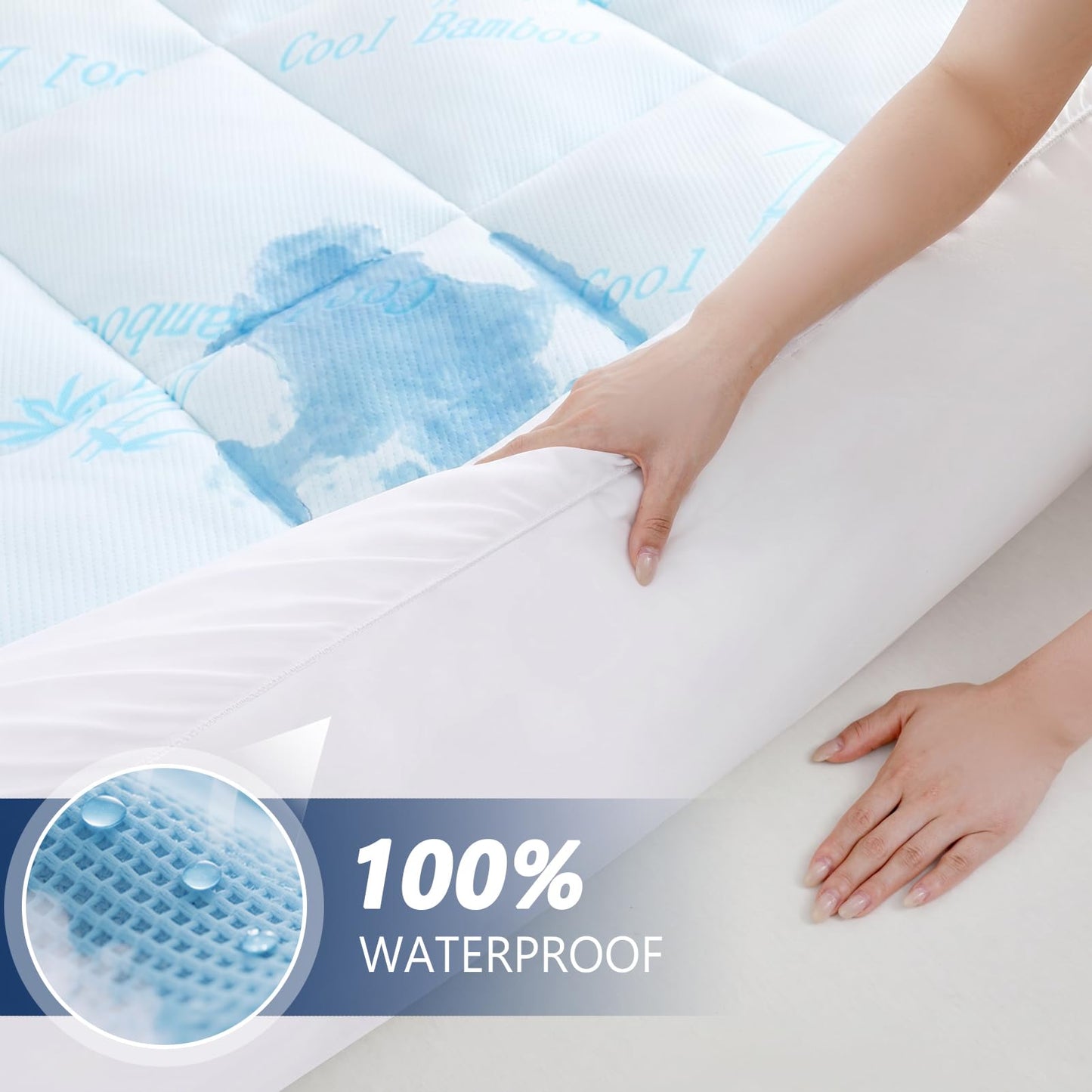 DOWNCOOL 100% Waterproof King Mattress Topper, Cooling Pillow Top Memory Foam Mattress Topper for Hot Sleepers, Viscose Derived from Bamboo, Deep Pocket Fits 8-21 Inch