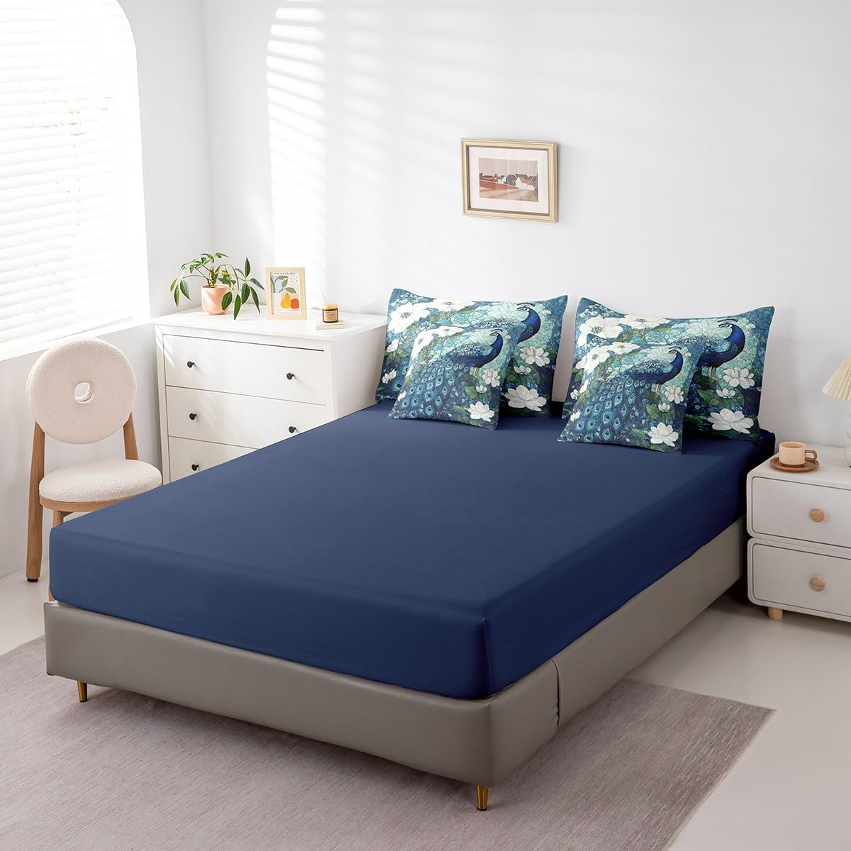 Erosebridal Teal Peacock Bedding Set for Kids Teens,Elegant Bird Comforter Set King Size,Oil Painting Floral (Comforter+Fitted+Flat Sheet+2 Pillowcases+2 Throw Pillow Covers) 7 Pieces Bed Set