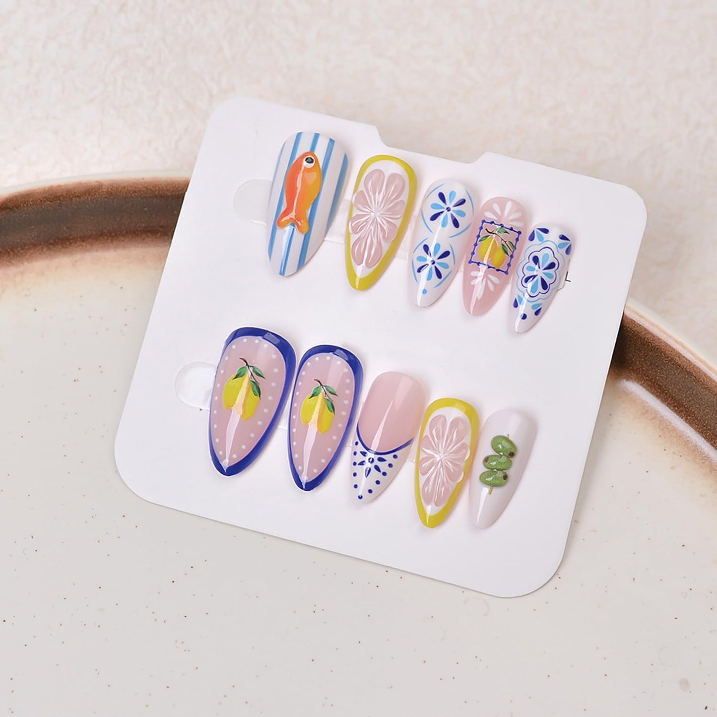 24Pcs Cute Lemon Press on Nails Medium Fake Nails French Almond Manicure, Artificial Acrylic Nails French Tips Stick on Nails Light Nude Fake Fingernail Summer False Nails for Women Nail Decoration