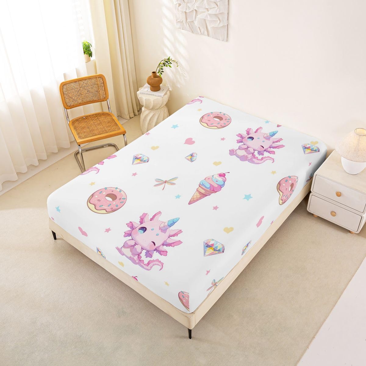 Castle Fairy Cartoon Dinosaur Fitted Sheet Queen Size (No Flat),Donut Ice Cream Bedding Sets 3Pcs,Girls Boys Adult Room Decor,Love Heart Bed Cover Diamond Dragonfly Deep Pocket Sheet,2 Pillowcases