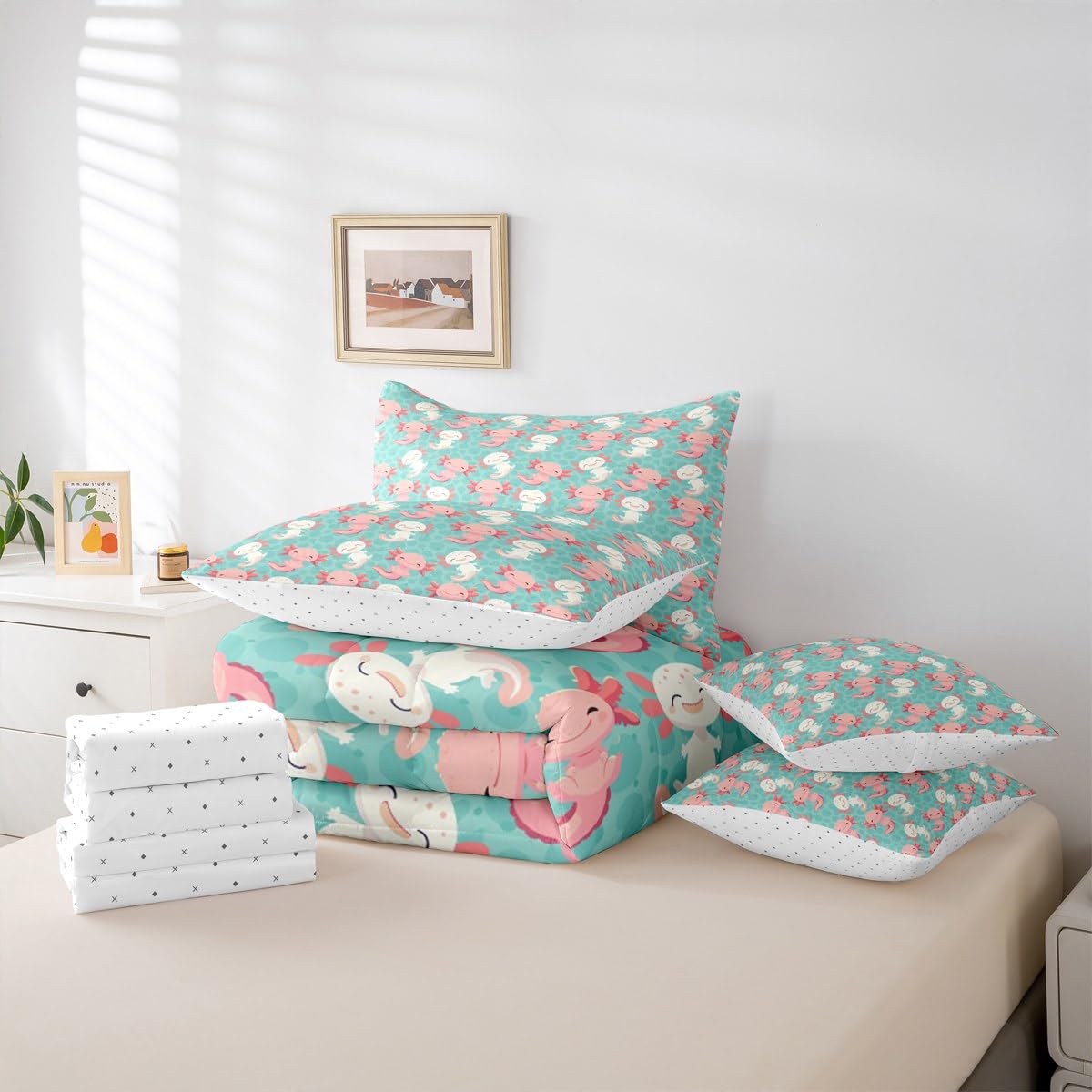 Erosebridal Cute Axolotl 7 Piece Bedding Set Twin Salamander Comforter Set with Sheets Kawaii Animal Bed in A Bag Wildlife Pet Bed Sets with 2 Pillowcases, 2 Throw Pillow Covers