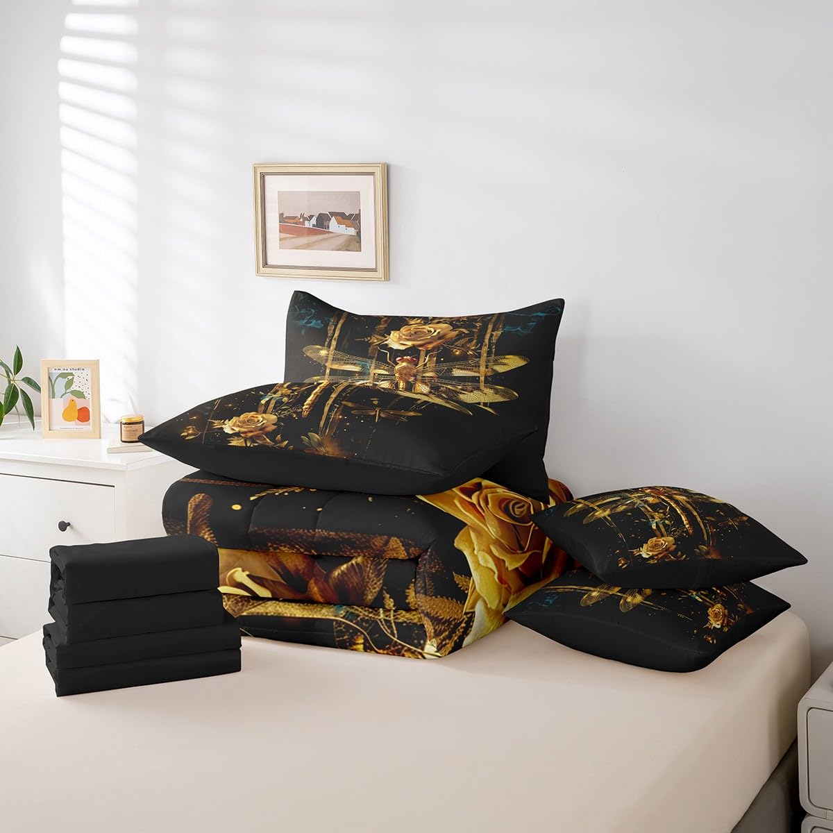 Erosebridal Golden Dragonfly Comforter Set Queen,Romantic Yellow Rose Floral Bed in a Bag,Dragonflies Bedding Set 7Pcs for Boys Girls Women,Wildlife Safari Animal Quilt