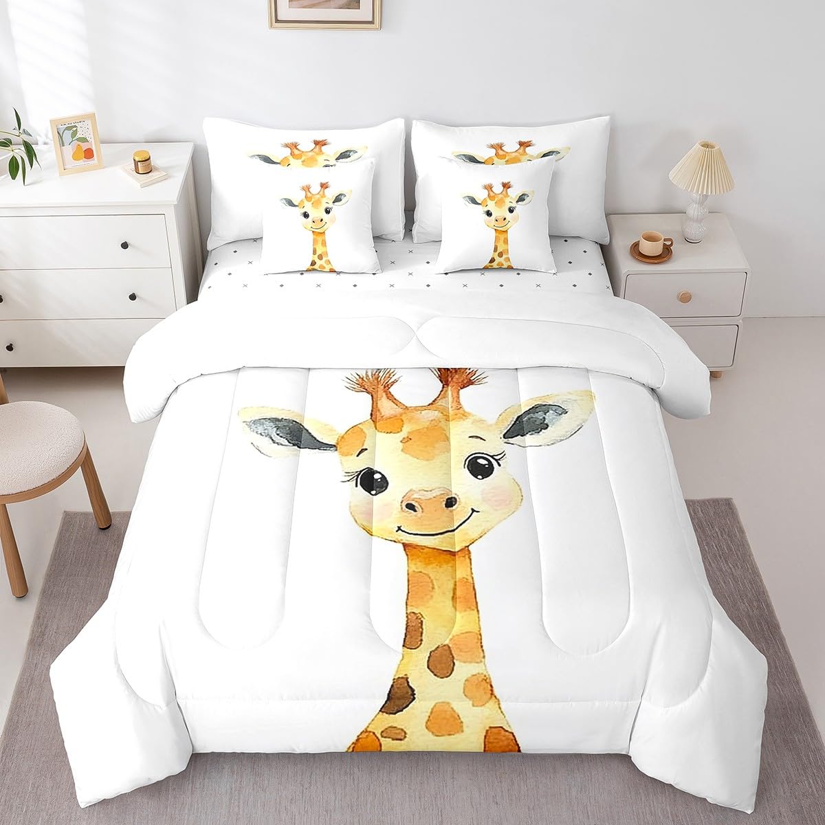 Erosebridal Kawaii Giraffe Twin Size Comforter Set with Sheets Kids | African Jungle Animal 7-Piece Bedding Set Tropical Forest Wildlife Pattern Bed in a Bag Cartoon Wild Safari Animal Bed Quilt Sets