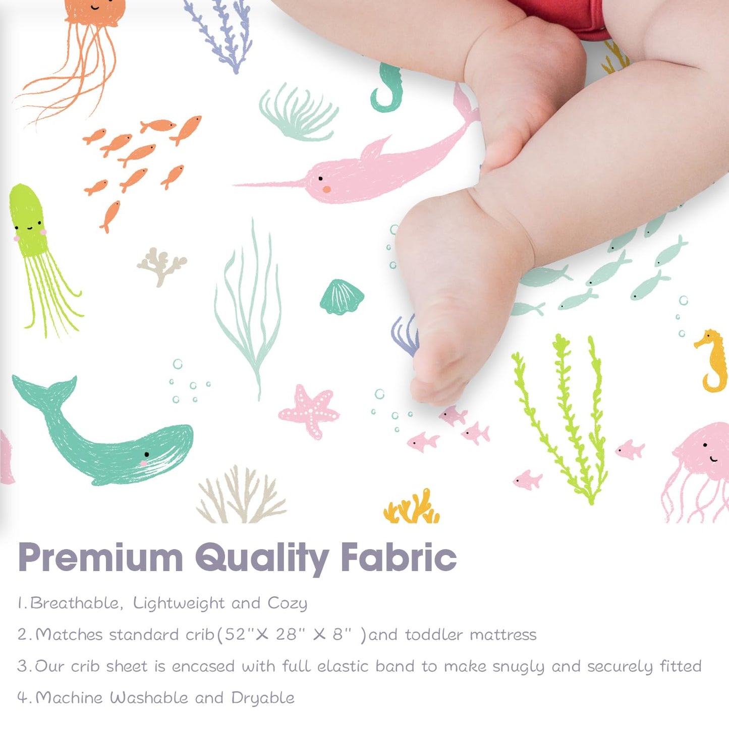 Bimocosy Crib Sheets 4 Pack, Baby Crib Sheets Fitted for Boys and Girls Breathable & Snug Fit, Soft Toddler Bed Sheets for Standard Crib Mattress Nursery Daycare Essentials, Ocean World