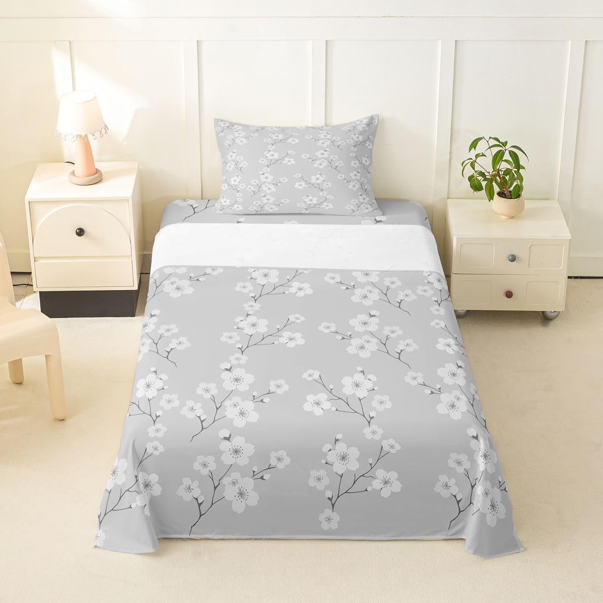 Erosebridal Plum Blossom Branch Bed Sheets Set Twin Rustic Farmhouse Cabin Sheet Set Grey White Botanical Sheets Floral Print Flat Fitted Sheet
