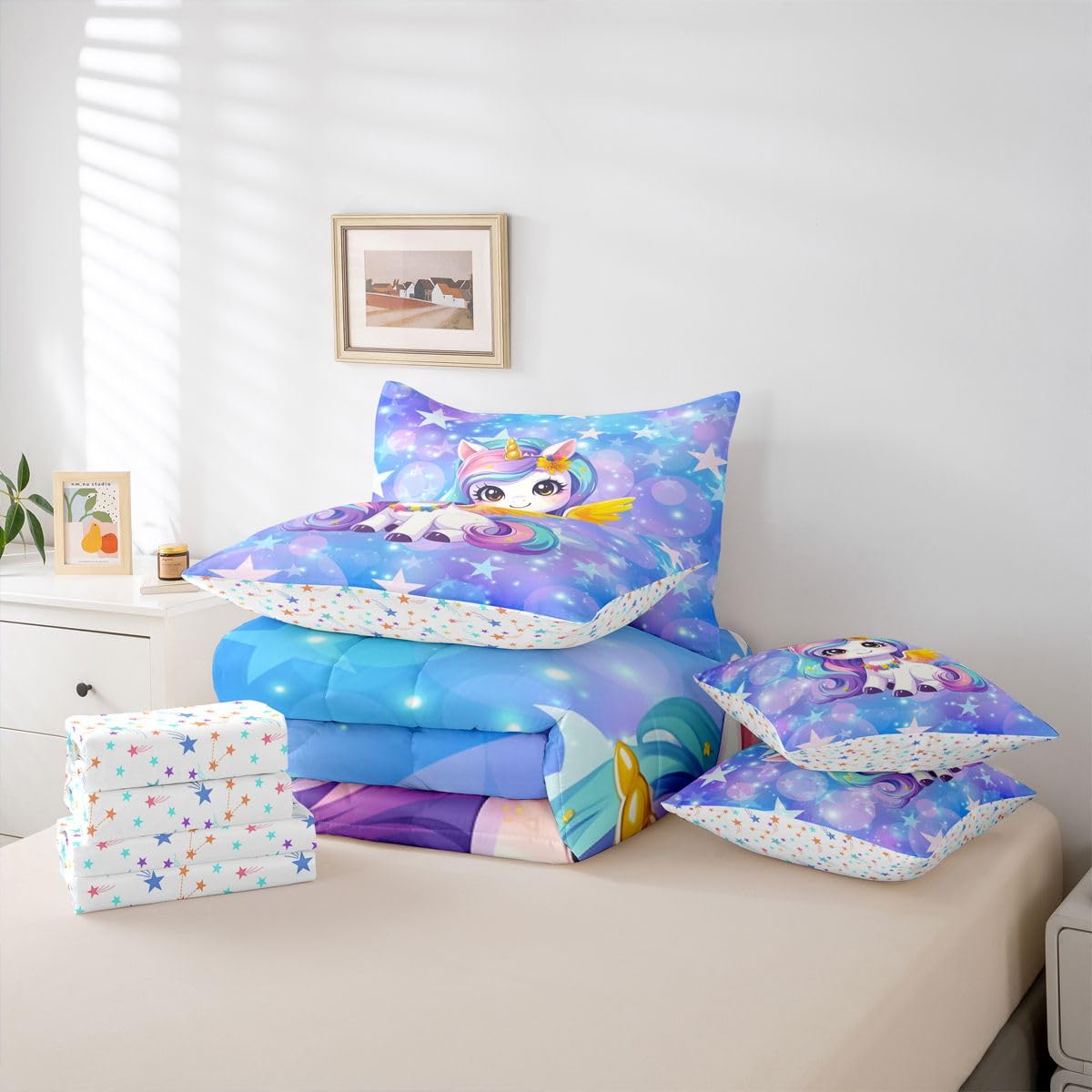 Feelyou Girls Cute Unicorn Comforter Set with Sheets 7 Piece Twin Size Glitter Bed in a Bag Kids Boys Girls Princess Decor Bedding Set Cute Animal Bedroom Decor Breathable Soft Lightweight Microfiber