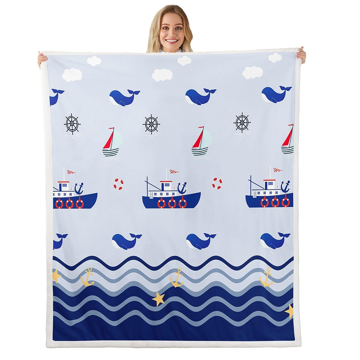 Nautical Sherpa Sailboat Printed Fleece Throw Blanket - Ocean Themed Plush Fuzzy Blanket for Bed, Sofa, Couch - Kids Sea Adventure - 40"x50"