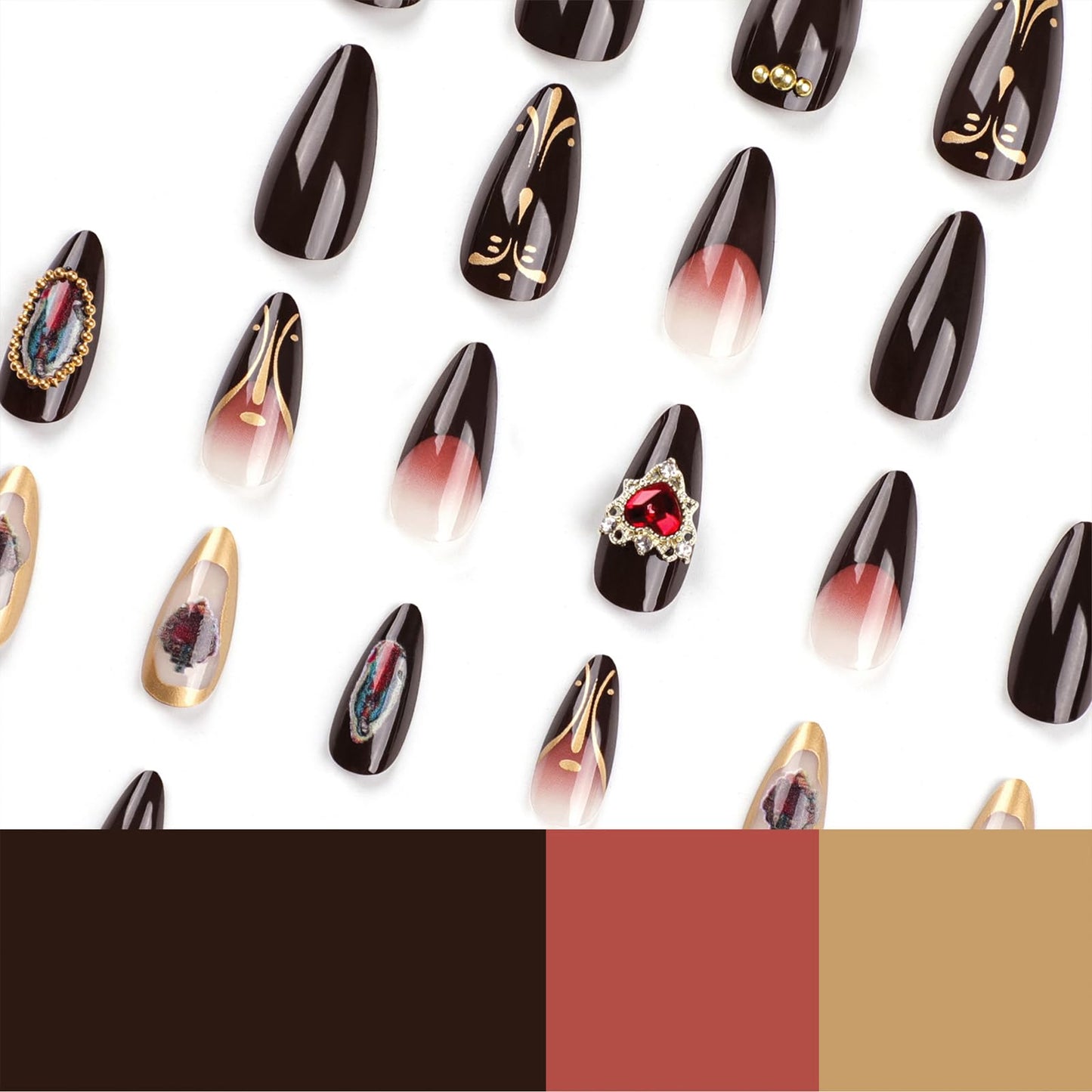 IMSOHOT Almond Press on Nails Medium Brown Fake Nails with Vintage Golden Charms Designs Glossy Glue on Nails Full Cover Gel Acrylic Stiletto Fall False Nails for Women 24Pcs