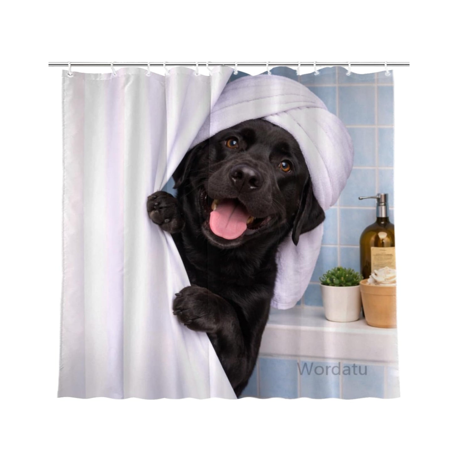 Wordatu Funny Black Labrador Dog Shower Curtain Cute Pet Animal Fabric Bathroom Decor Curtain with 12 Hooks, 72Wx72H(24661)