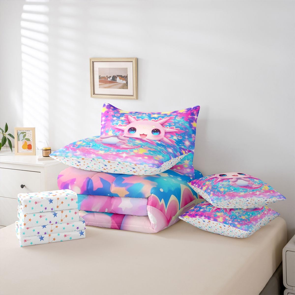 Kids Cute Axolotl Queen Bedding Set for Girls Teens Pink Axolotl Comforter Set with Flat and Fitted Sheet Dreamy Princess Rainbow Galaxy 7-Piece Bed in a Bag Cartoon Bubble Stars Sky Quilt Sets