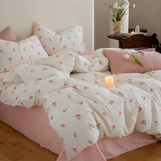 Erwinmu Floral Comforter Set King Size - 3 Pieces Pink White Floral Comforter Bedding Sets Tulips Pattern,King Bed in a Bag with Heart Comforter and 2 Pillowcases