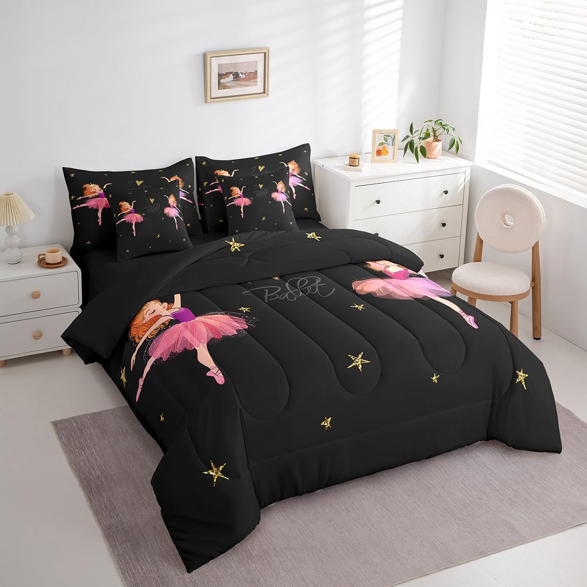 Erosebridal Ballet Comforter Set 7 Piece Bed in a Bag Twin,Cute Cartoon Ballet Dancer Bedding Sets Kawaii Ballerina Gifts Comforter and Sheet Set,Gold Stars Pink Ballet Dress Tutu Bed Set