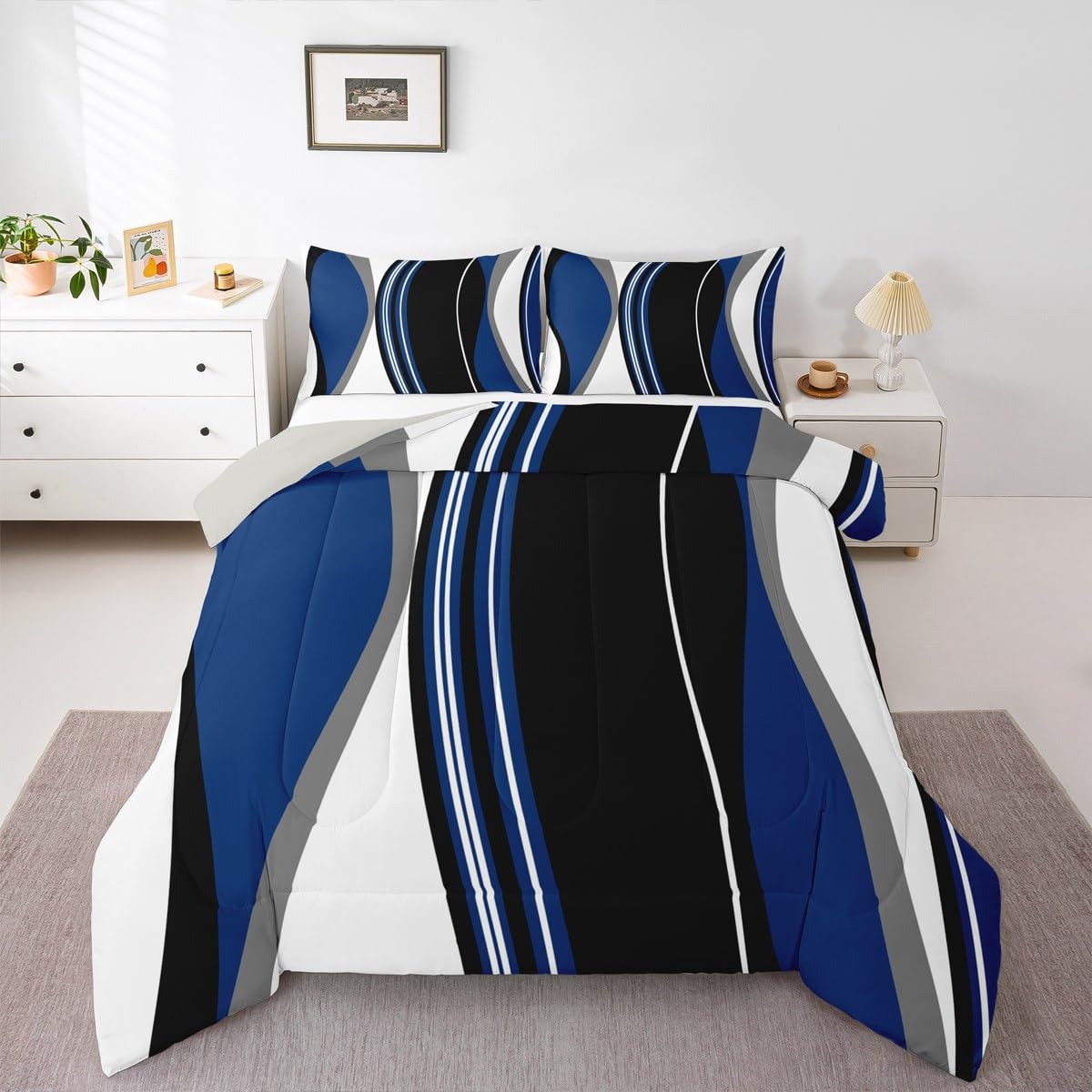 Erosebridal Blue Black Abstract Queen Comforter Set for Adult Women Men Grey Modern Striped Bedding Set Geometric Stripes Lines Bed Set Contemporary Art Boho Quilt Set for Minimalist