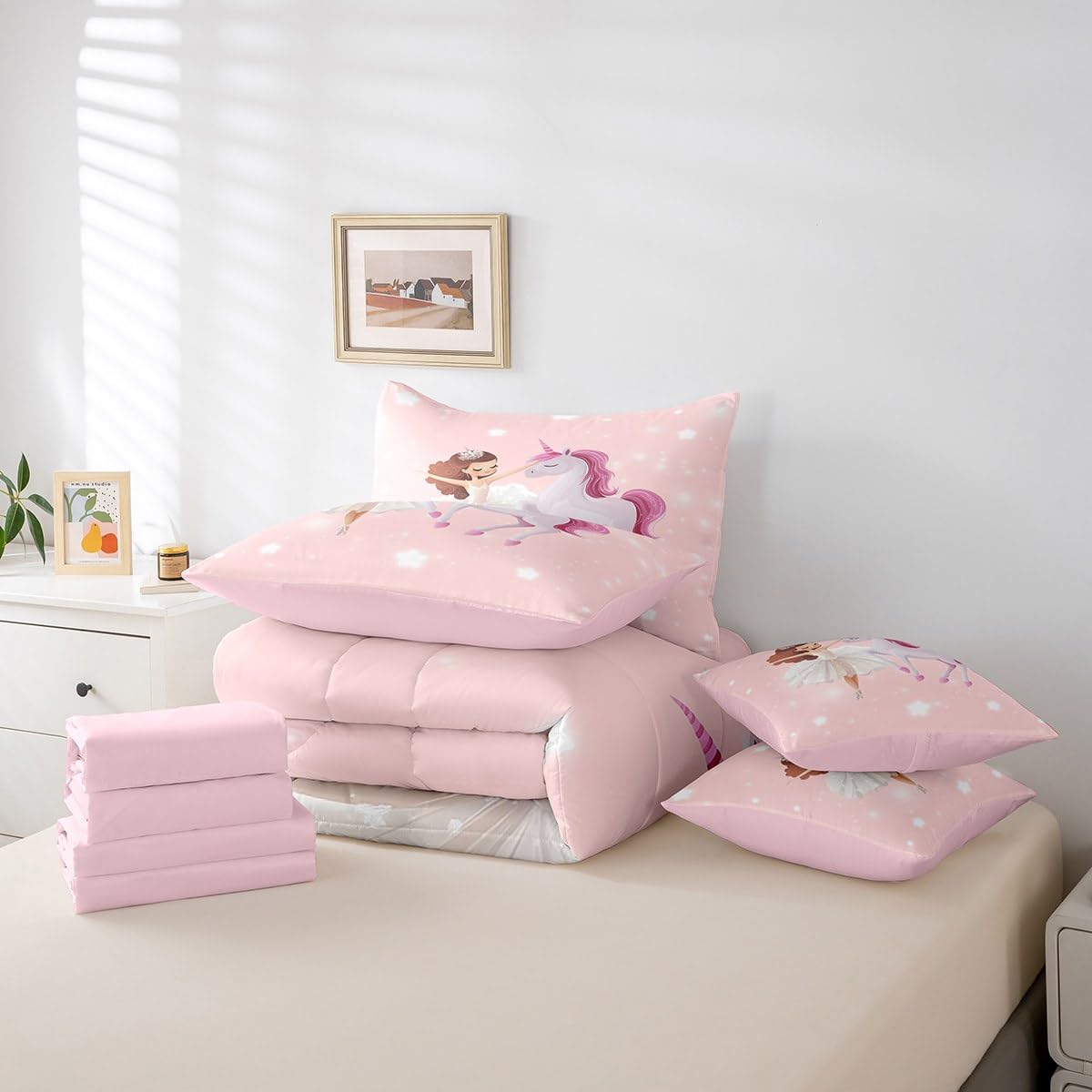 jejeloiu Love Gymnastics Girl Bed Set Dancer 7 Pieces Bedding Set for Kids Unicorn Glitter Bed in a Bag with Comforter, Sheets, Pillowcases Ultra Soft Lamp All Season Breathable Lightweight Twin Size