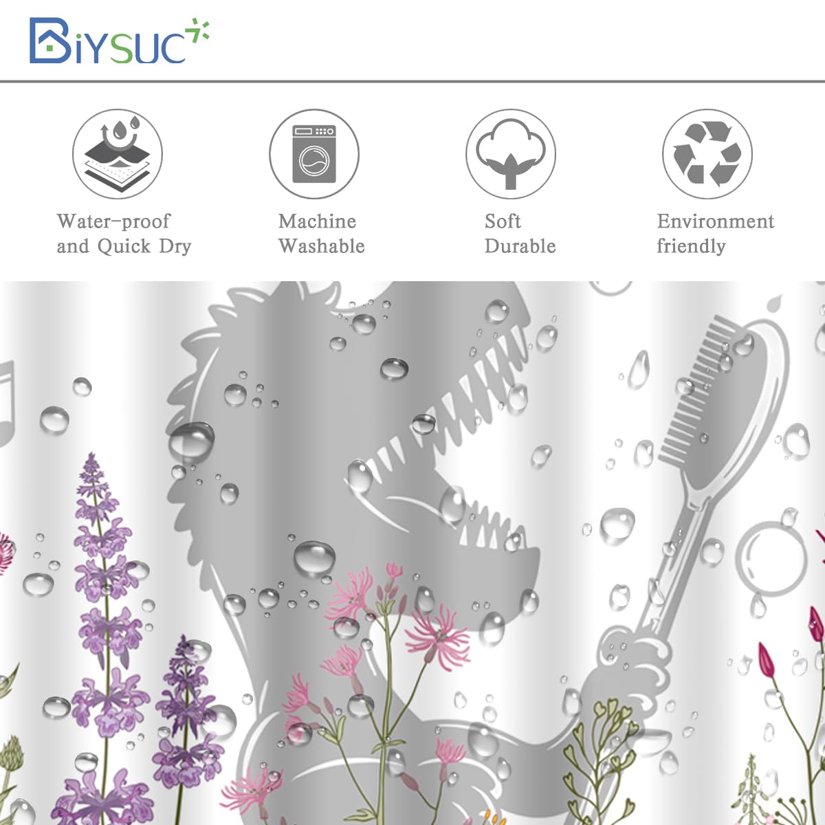 BIYSUC Dinosaur Shower Curtain Funny Dino Sing Bathe Behind Wildflowers Trex Silhouette Shadow for Kids Bathroom Home Decor Waterproof Polyester Fabric 72Lx72W Inch with Hooks