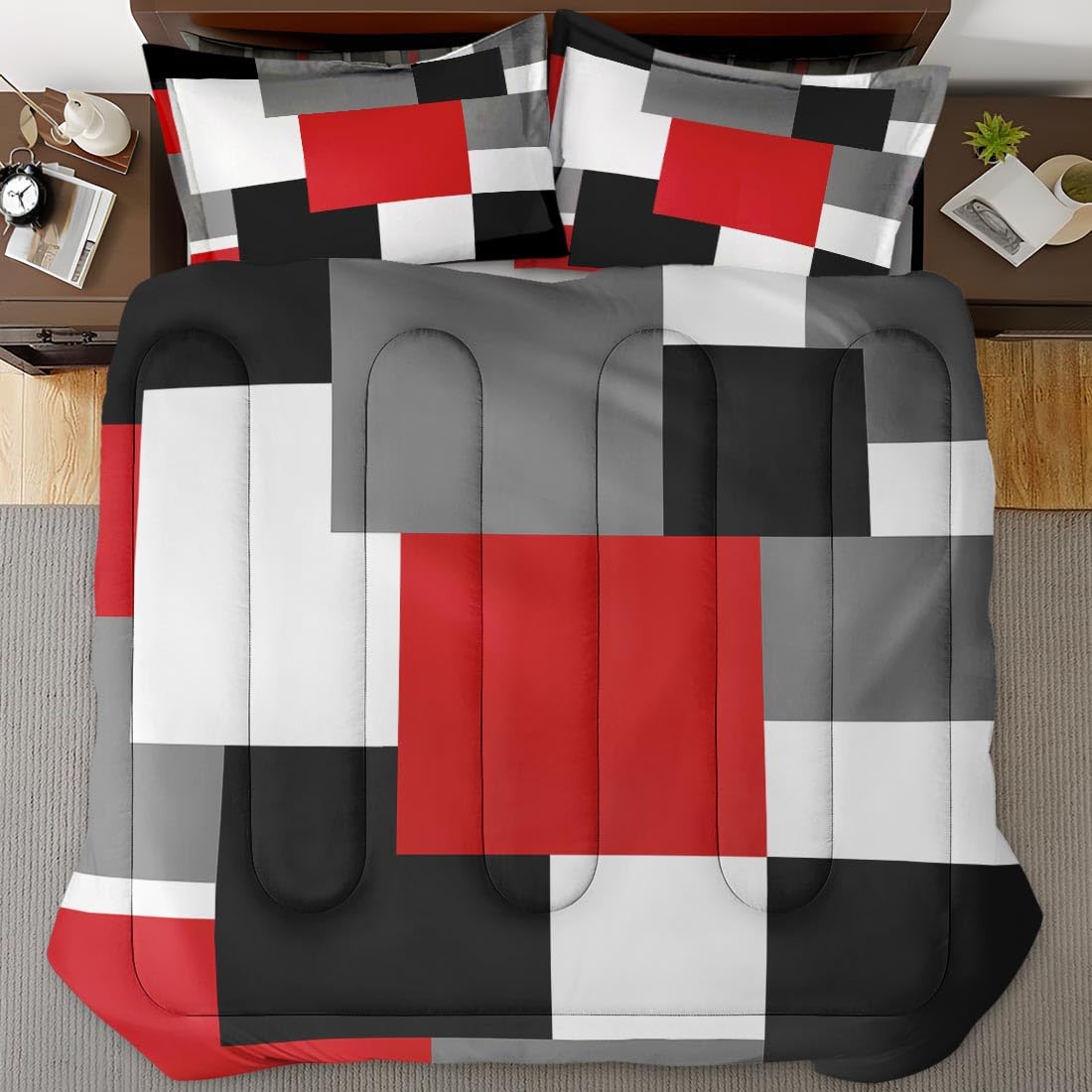 Culudea Geometric Red Checkered Comforter Set Twin Size, Black and Gray Modern Soft Bedding Set with Pillowcases for Girls Teens Kids Boys Adults Bedroom Bed Decor,1 Quilt 1 Pillow Case