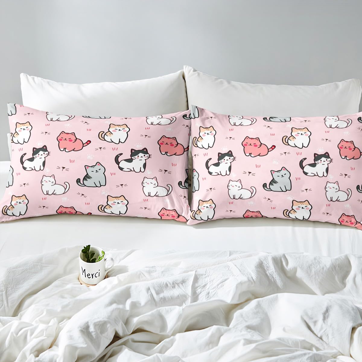 Erosebridal Cartoon Cat Bed Sheets,Kids Girls Pet Bedding Sets Queen Size,Cute Colorful Kitten Sheet Set for Teens Boys,White Cat Paw Print Flat Sheet with 2 Pillow Shams Pink