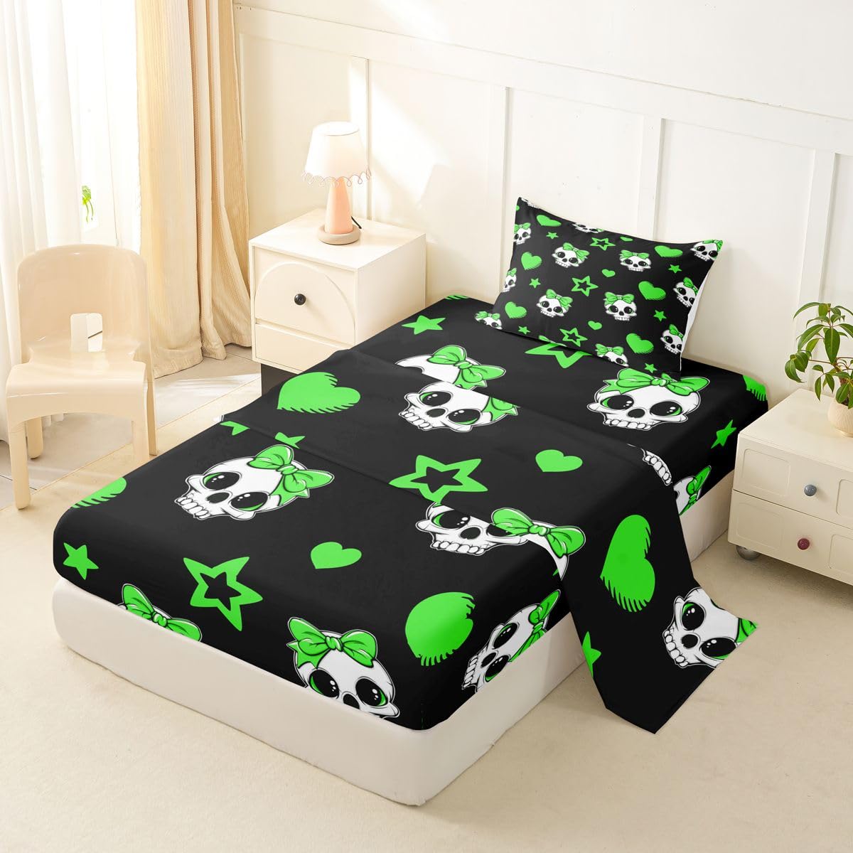 Castle Fairy Cute Skeleton Bed Sheets Twin Size,Exotic Skull Star Love Bowknot Print Easy Wash Bedding Set,Halloween Theme Kids Room Decor,Black Green Sheet(Fitted+Flat+1 Pillowcase)