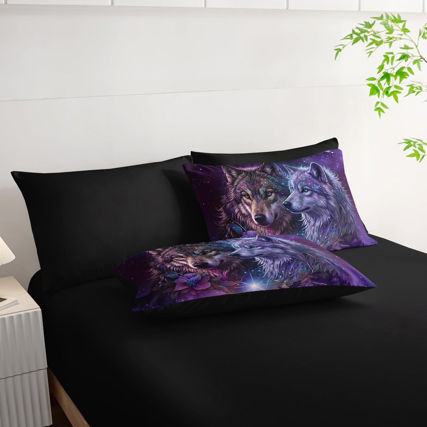 AILONEN Wolf Comforter Bedding Set Full Size,Purple Starry Night Galaxy Bed in a Bag,7Pcs Soft Microfiber Black Comforter,Fitted Sheet,Flat Sheet,2 Pillowcases,2 Pillow Shams