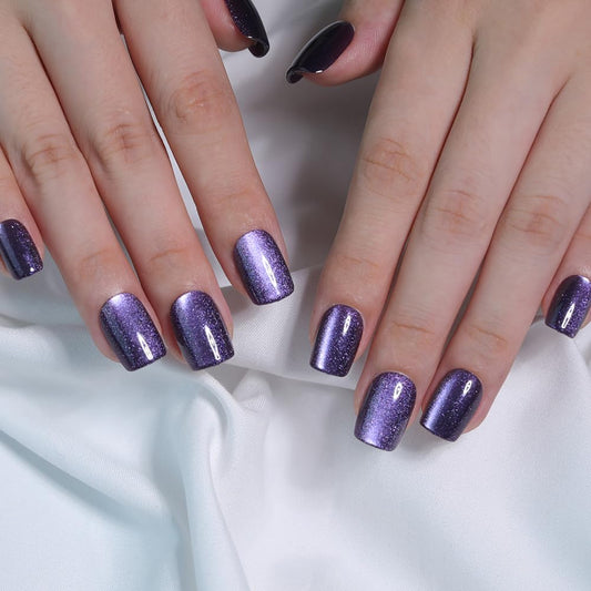 Stbisen Dark Amethyst Purple Cat Eye Press On Nails Short – Square Fake Nails with Color-Shifting Glow, Glossy Gel Acrylic Nails 15 Sizes, 30 Nails, Thick Reusable Glue On Nails for Daily Wear & Gifts