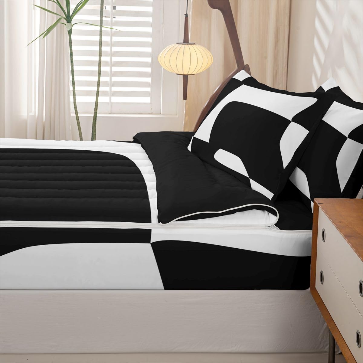 Erosebridal Black and White Abstract Zippered Comforter Set Boho Geometric Striped Zipper Bedding Set Twin Size Minimalist Modern Art Bed in a Bag Simple Aesthetic Modern Comforter with Sheets