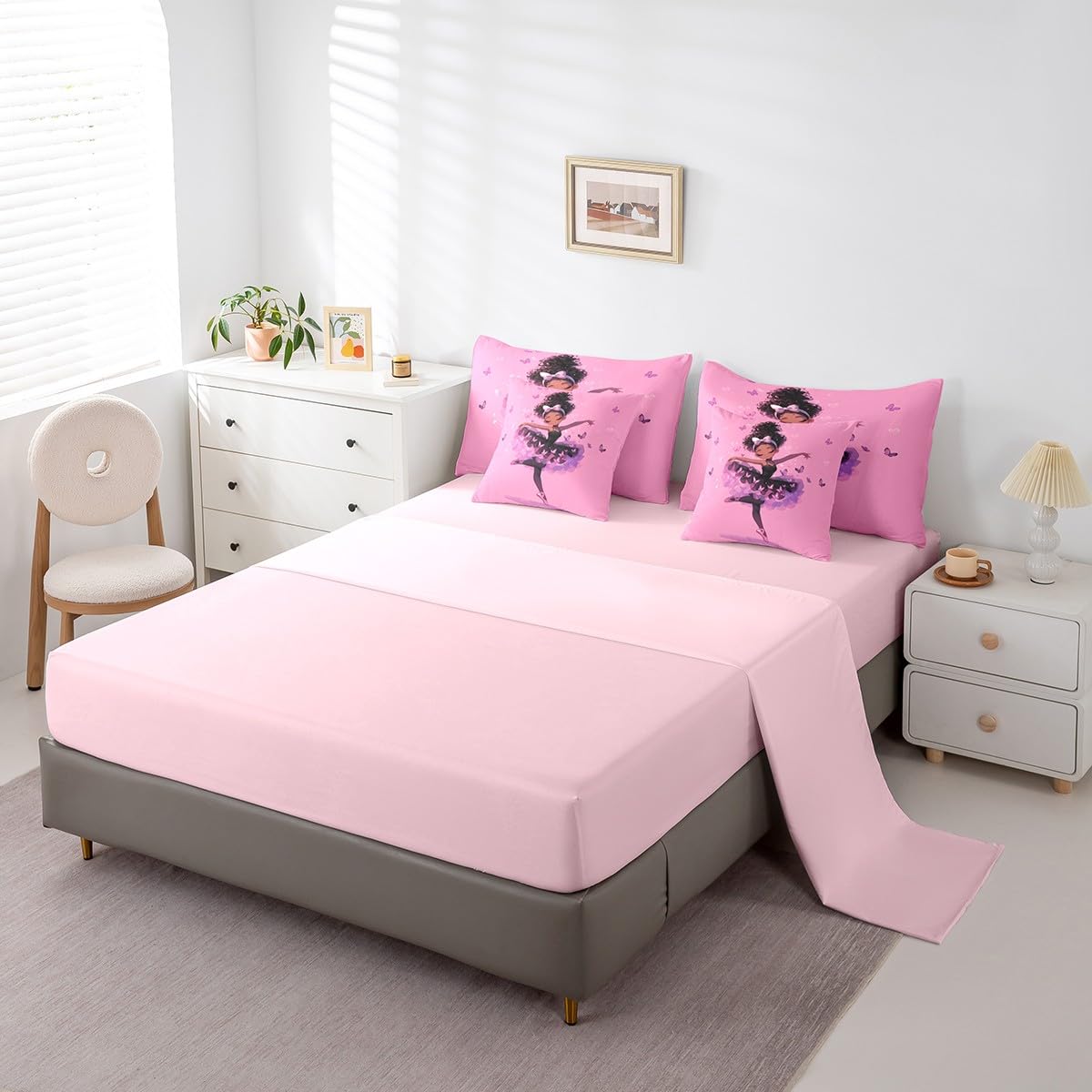 jejeloiu Kids Black American Girls Comforter Set 7 Pieces Full Size Ballet Butterfly Bedding Set for Boys Girls Princess Bed Set Bed in a Bag with Comforter, Sheets, Pillowcases & Cushion Covers