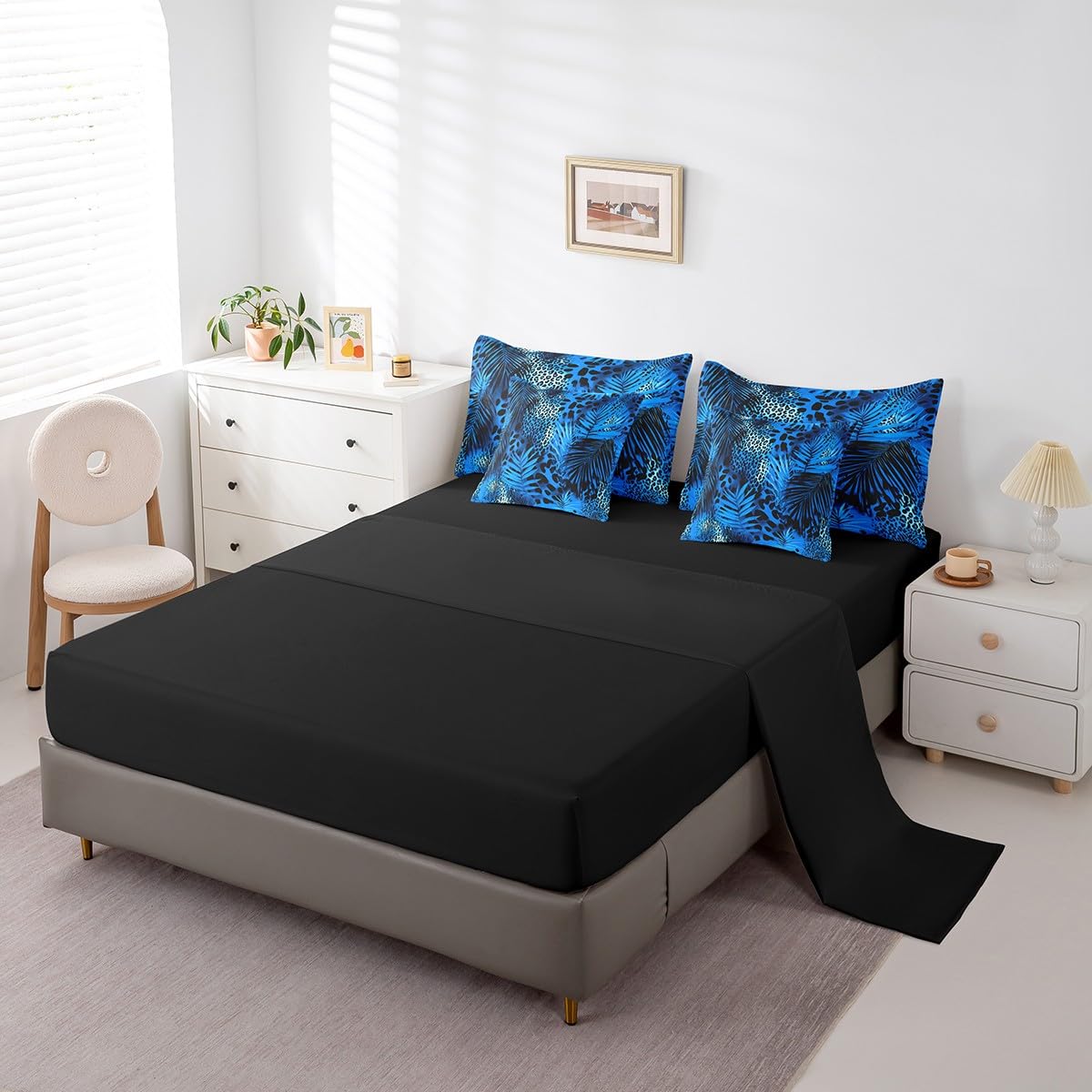 Erosebridal Blue Cheetah Print Comforter Set 7 Piece Bed in a Bag Twin,Botanical Leaf Bedding Sets Big Cat Wild Animal Hide Sheet Set with Comforter,African Safari Animals Fur Bed Set