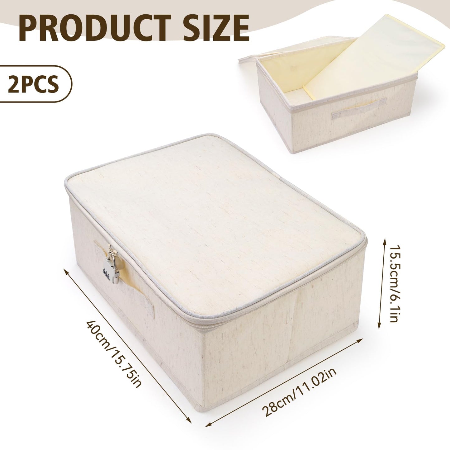 2 Pack Lockable Storage Box with Zipper & Handle, 14.96" x 10.03" x 6.29" Lockable Storage Organizer, Foldable Fabric Lock Box for Women Men Personal Item Container (Beige)