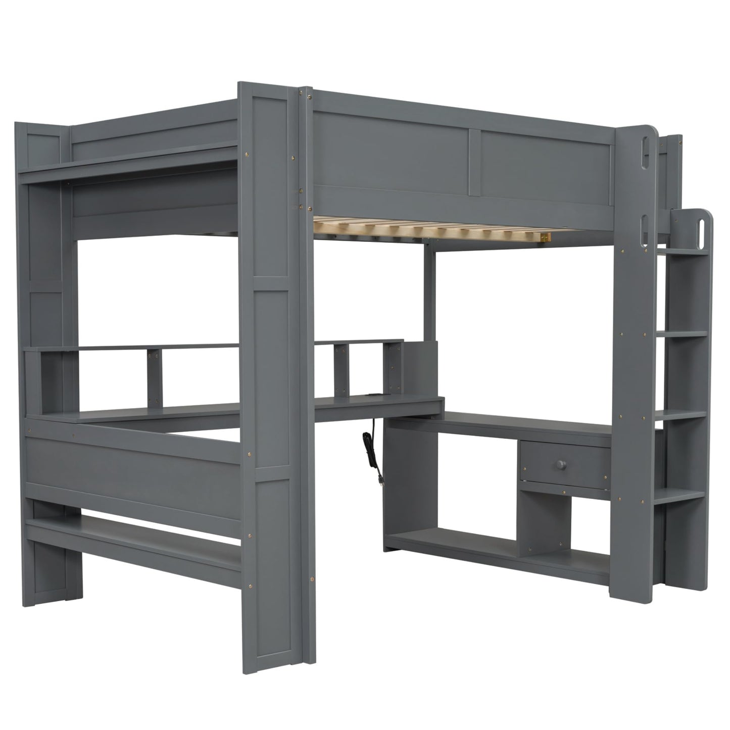 HRJHLucky Full Size Wood Gaming Loft Bed with Desk, Storage Shelves, LED and Charging Station (Full)
