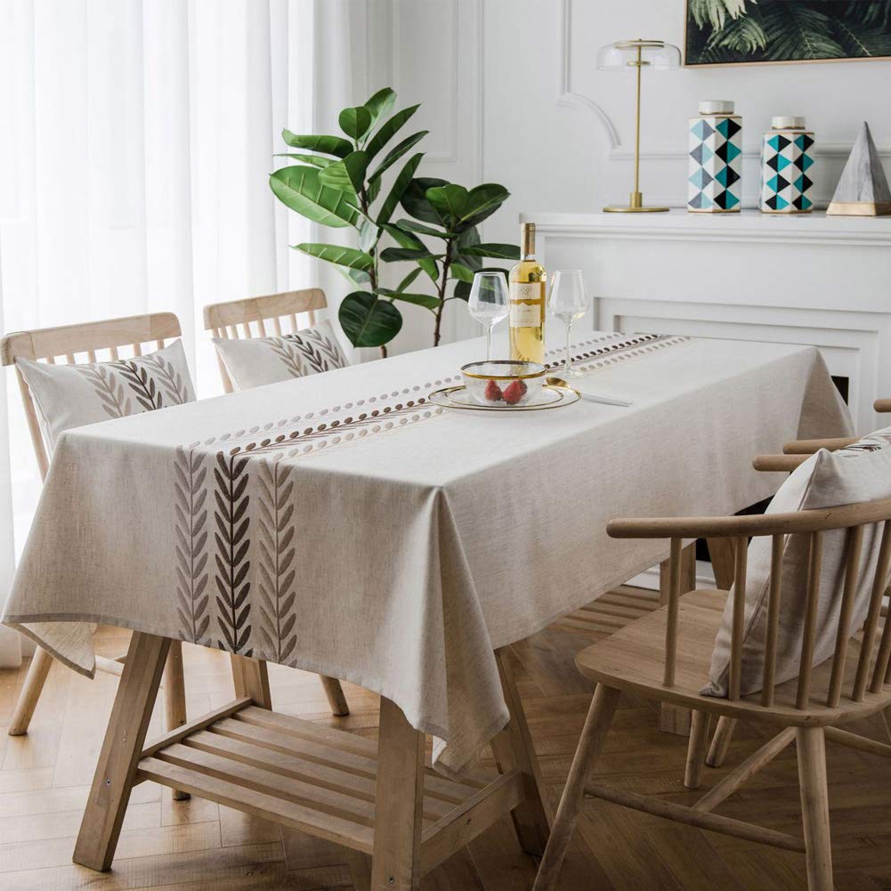 Bringsine Embroidery Wheat Ear Tablecloth Heavy Weight Cotton Linen Fabric Dust-Proof Water-Proof Table Cloth Cover for Kitchen Dinning Tabletop Decoration (Rectangle/Oblong, 53 x 53 Inch, Linen)