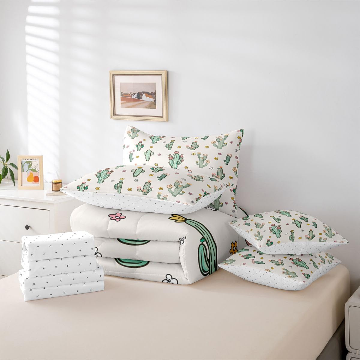 Erosebridal Cactus 7 Piece Bedding Set Queen Western Comforter Set with Sheets Cute Cartoon Flowers Desert Plant Bed in a Bag Retro Red Floral Green Botanic for Kids Boys Girls