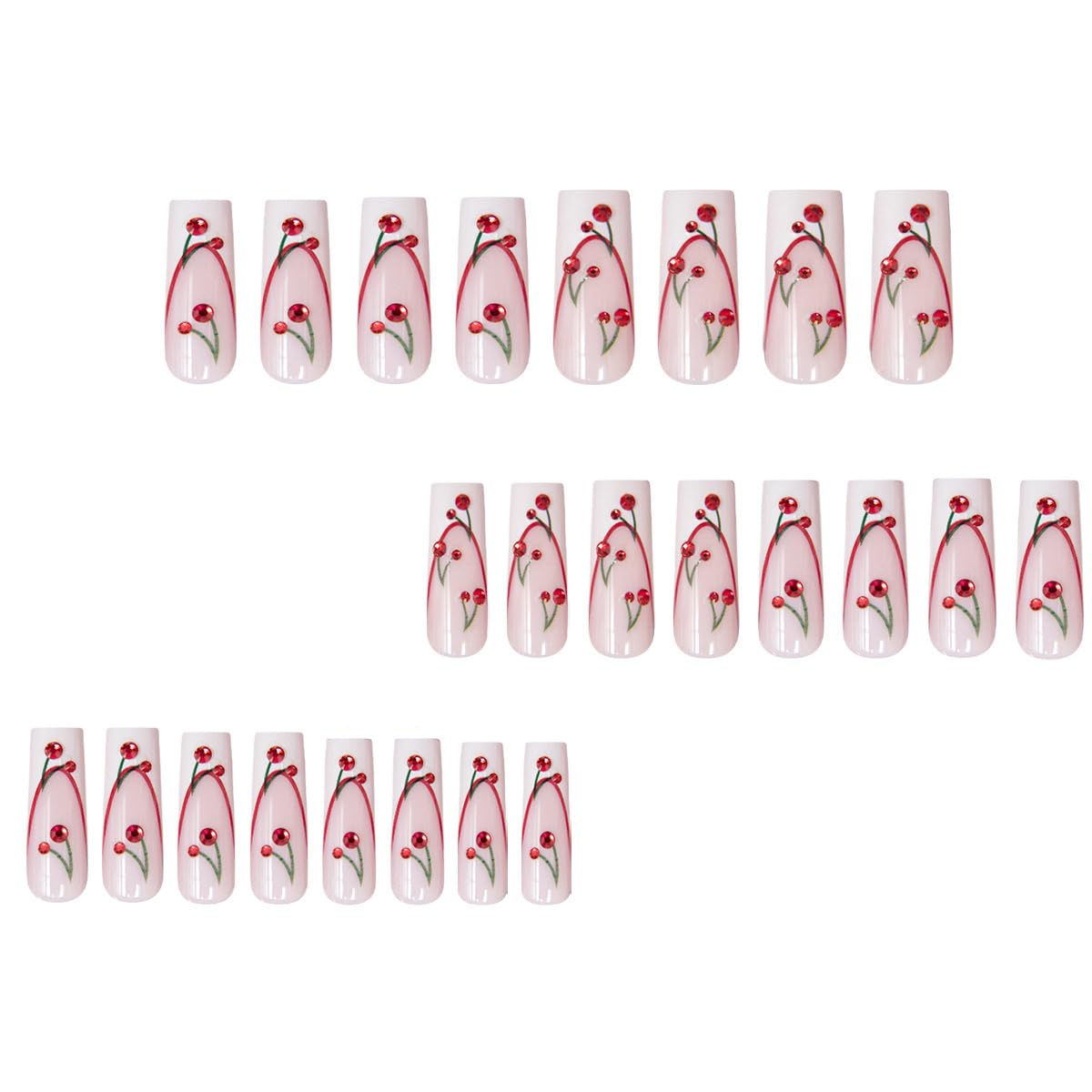 Long Press Square White French Tip Rhinestone False Nails with Cherry Glue for Women's Manicure - Christmas Acrylic, Press-On, Full Cover - 24 Pcs