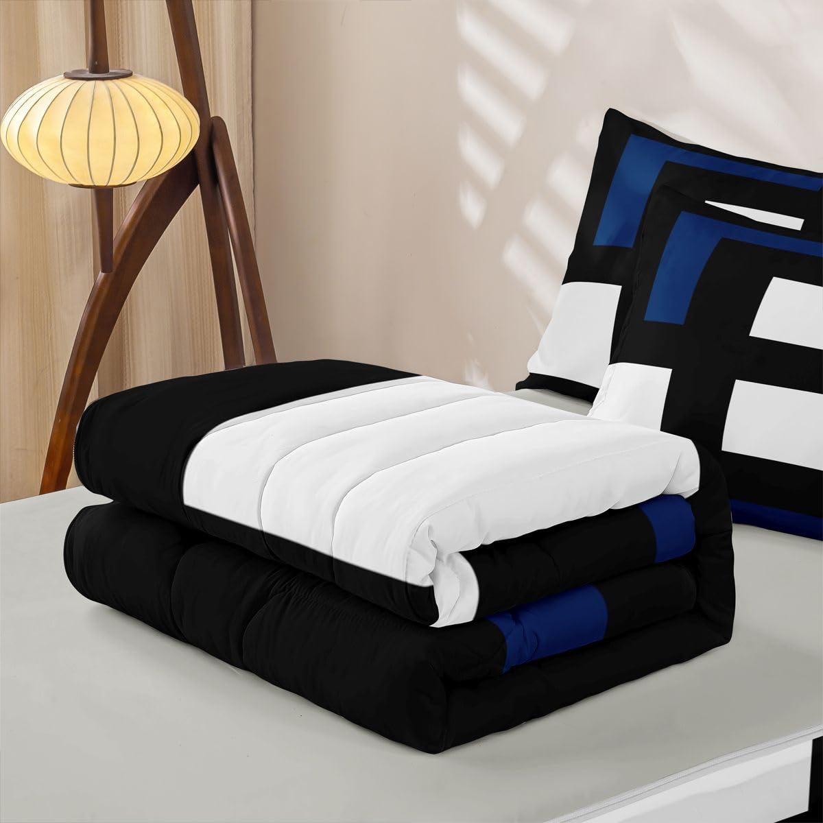 Erosebridal Blue Black and White Striped Zipper Comforter Set Twin Square Abstract Bedding Set Modern Stripes Bold Lines Bed in a Bag Minimalist Stylish Plaids Zippered Quilt Fitted Sheet