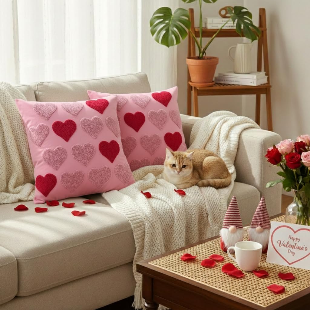 Fjfz Valentines Day Throw Pillow Covers 18 x 18 Inch Set of 2, Valentines Day Decorations Soft Plush Faux Fur Pink Love Hearts Home Decor, Bedroom Living Room Sofa Wedding Couch Cushion Case