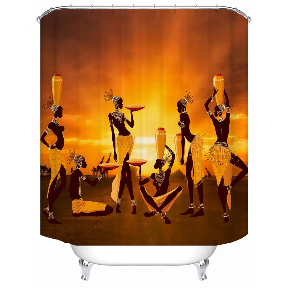 LYFANS Waterproof Shower Curtain Set Bathroom Orange African Tribal Print, Beautiful Wide Fabric Bathroom Curtain Bathtub Privacy Shower Curtains, 12 Hooks and 79 X 72 Inch Shower Curtain.