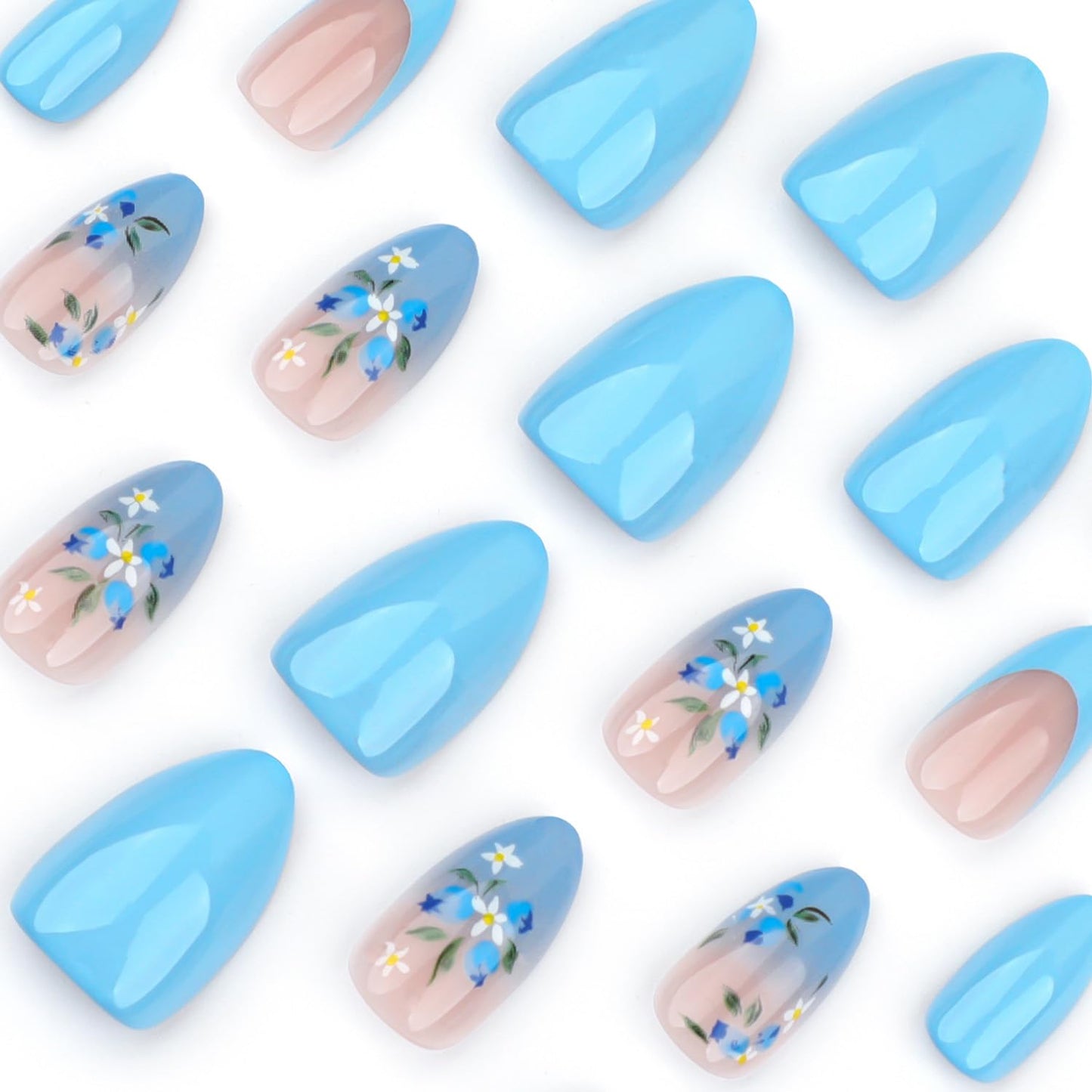 LPOODDNU Flower Press on Nails Almond Shape Fake Nails Medium Length Blue French Tip False Nails with Designs Glossy Full Cover Glue on Nails Cute Almond Stick on Nails for Women Finger Manicure