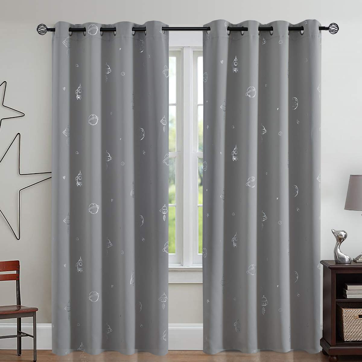Vangao Grey Kids Curtains for Boys Bedroom Space Theme Blackout Curtains for Kids Nursery Girls Room 84 Inches Length Silver Foil Print Drapes Grommet Top Window Treatments Set 2 Panels