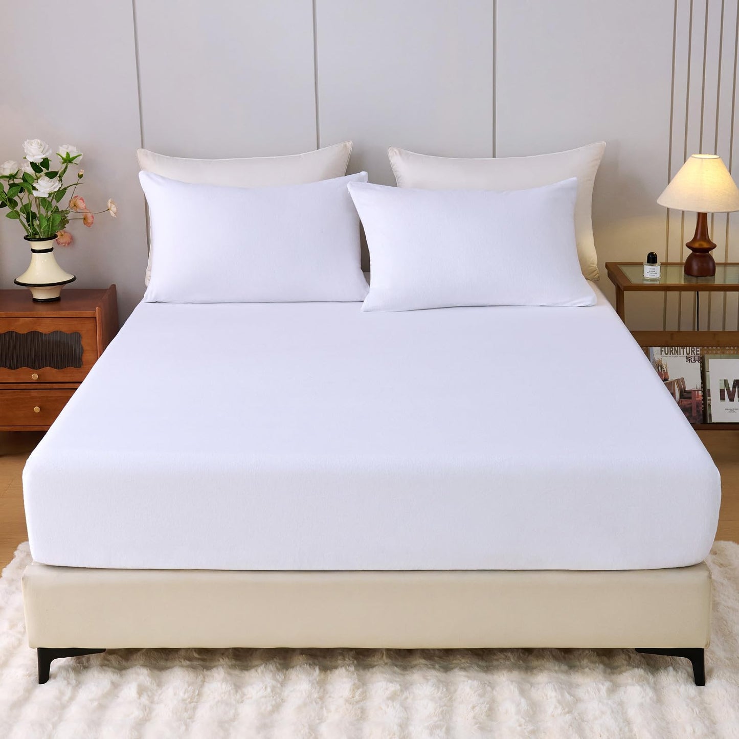 LANYETON 100% Cotton Flannel Fitted Sheet Only, Ultra Soft Cozy Warm Fitted Bottom Sheet for All Season, 16" Deep Pocket, White, King