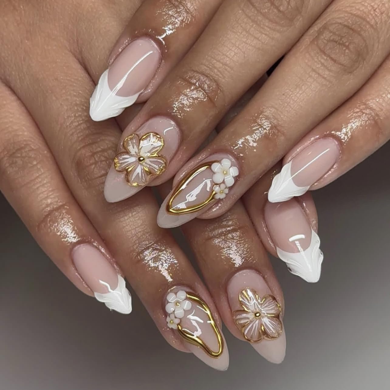 evpct 3D Flower French Press on Nails Medium Almond No Glue, White French Tip Gold Line Stick on Nail for Women Gift with Kit, Reusable Full Cover Soft Press on Fake Nail with 3D Floral Design